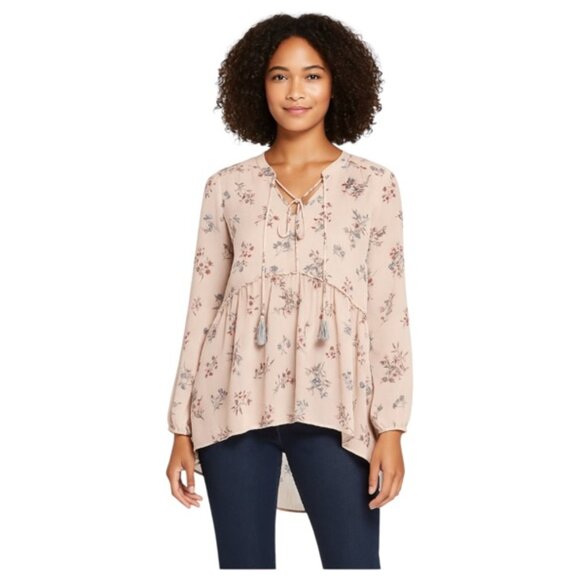 Knox Rose Small Blush Pink Floral Neck Tie High Low Long Sleeve Semi Sheer Blo… - Picture 1 of 6